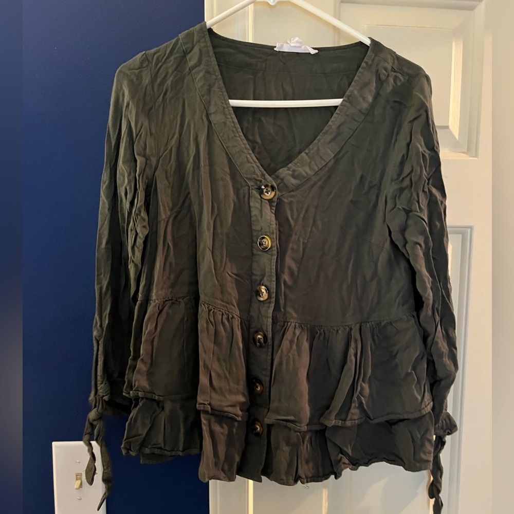 Women's Olive Button-Up Ruffle Top